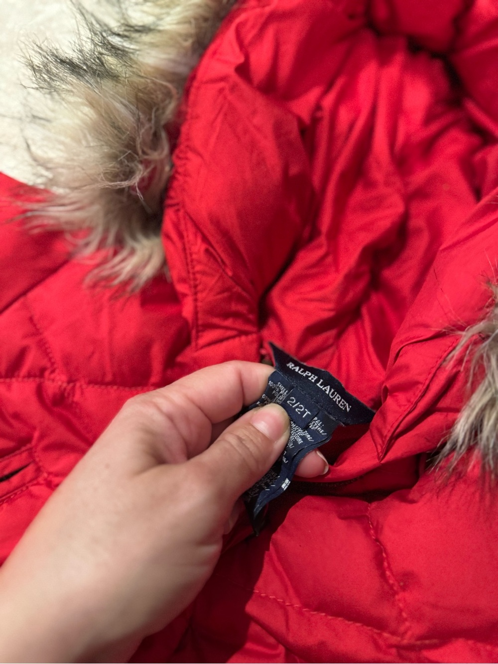 Ralph Lauren Kids Red Quilted Puffer Jacket with Faux-Fur Hood